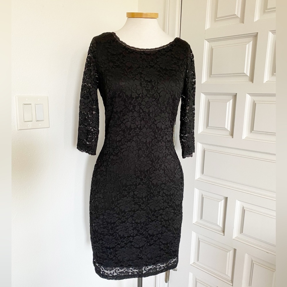 NWOT Eliza J Black Lace Cocktail Dress Half Sleeve Classic LBD Size 8